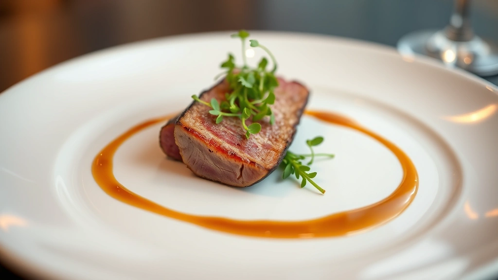 Elegant fine dining plate with perfectly seared duck breast, microgreens, and artistic sauce swirl on white ceramic, soft warm lighting, shallow depth of field, professional plating