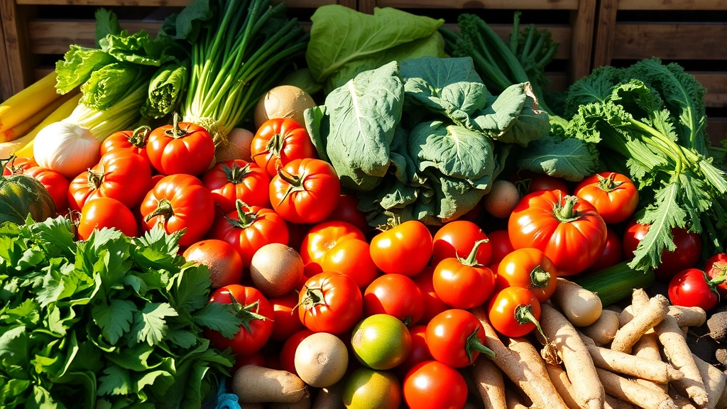 Vibrant farmers market display of fresh seasonal vegetables including heirloom tomatoes, leafy greens, and root vegetables, natural sunlight, rustic wooden crate backdrop