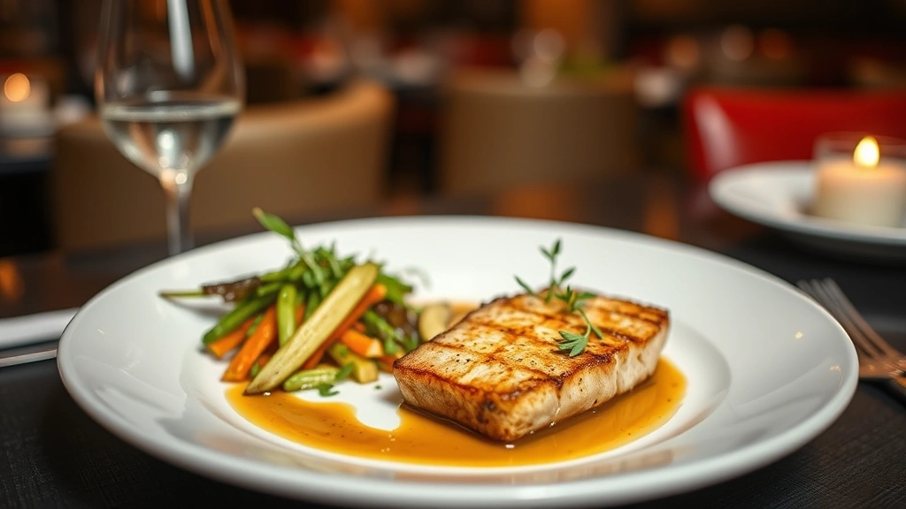 Artfully plated fine dining entrée featuring perfectly seared protein with seasonal vegetables, micro herbs, and elegant sauce reduction on white ceramic plate, warm restaurant lighting, shallow depth of field, professional food photography