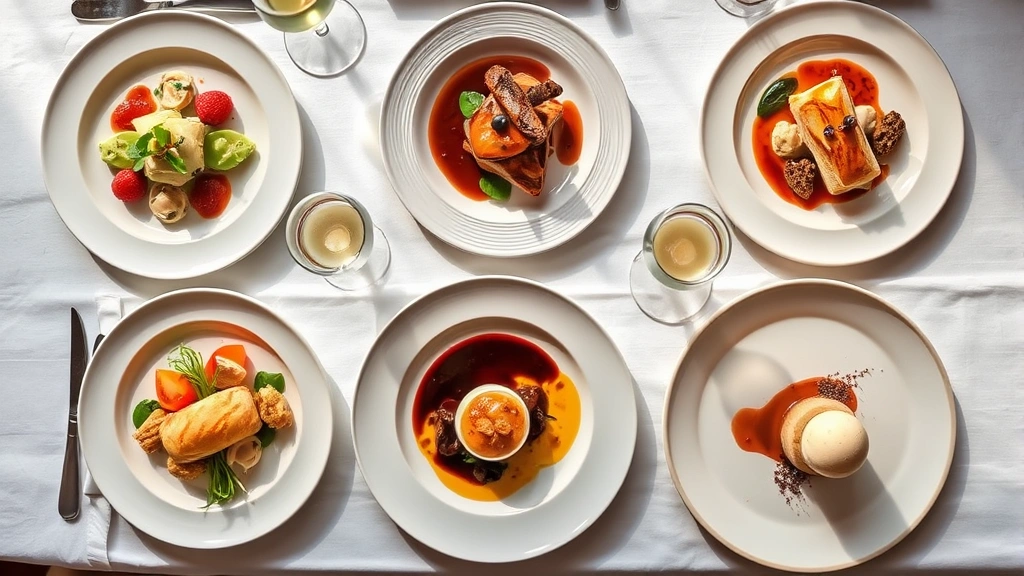 Overhead view of multi-course tasting menu progression showing appetizer, main course, and dessert plated dishes arranged artfully on white tablecloth, natural soft lighting, elegant table setting with wine glasses