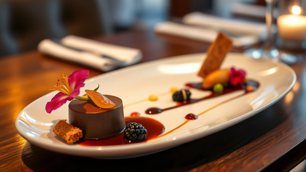 Intimate fine dining dessert plate featuring chocolate-based creation with fruit element, crispy texture component, and artistic sauce work, garnished with edible flowers, elegant plating, warm ambient restaurant lighting