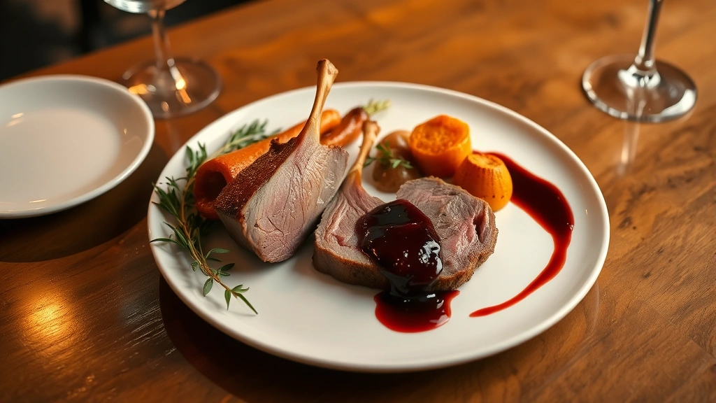 Overhead shot of an elegantly plated duck breast with crispy skin, roasted root vegetables, and cherry gastrique on white ceramic plate, professional restaurant lighting, warm ambiance