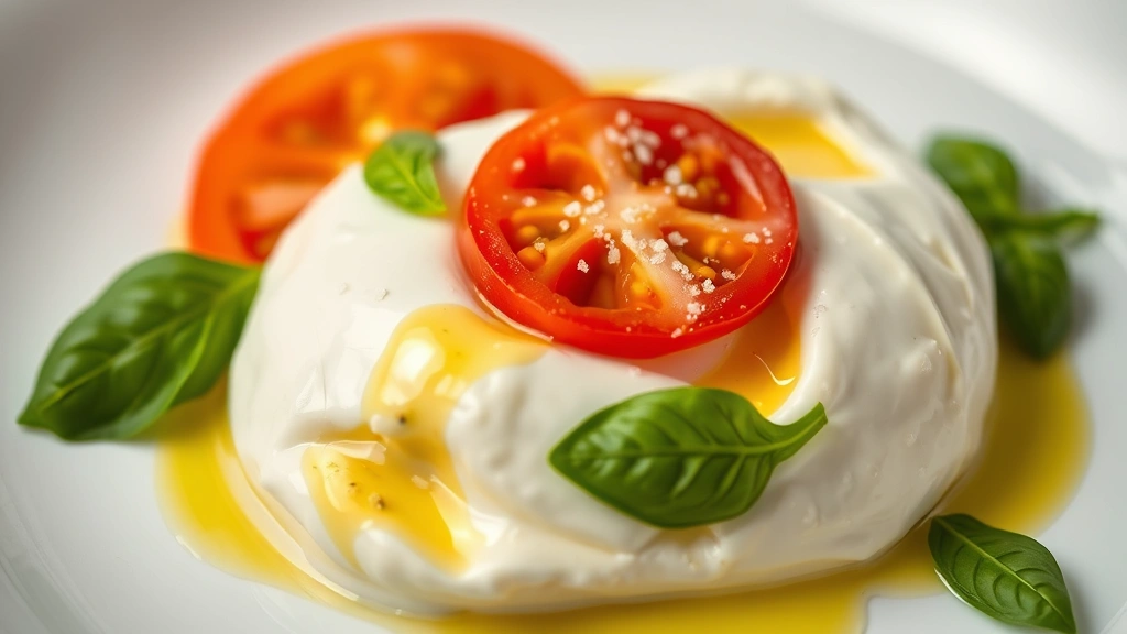 Close-up of creamy burrata cheese with heirloom tomato slices, fresh basil leaves, olive oil drizzle, and fleur de sel on minimalist white plate, natural soft lighting, vibrant colors