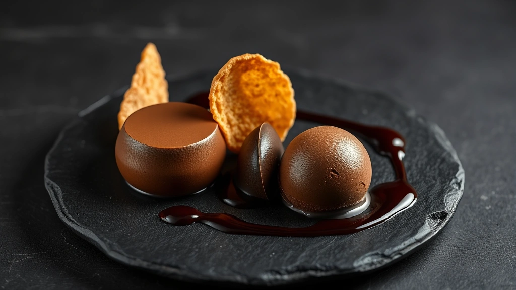 Artistic plating of chocolate dessert featuring silky mousse, crispy tuile, dark chocolate ice cream quenelle, and fruit coulis on dark slate plate, fine dining presentation, elegant composition