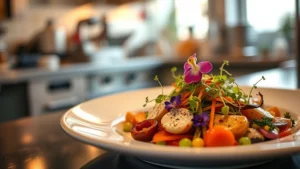 Artistic plating of seasonal vegetables with microgreens and edible flowers, warm golden lighting, restaurant kitchen backdrop, shallow depth of field focusing on vibrant colors and textures