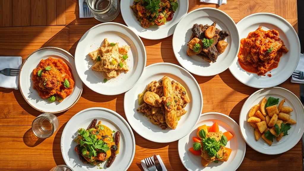Overhead view of wooden table with multiple small plates featuring different cuisines, natural daylight, fresh herbs garnishing dishes, wine glasses and napkins visible, warm inviting atmosphere