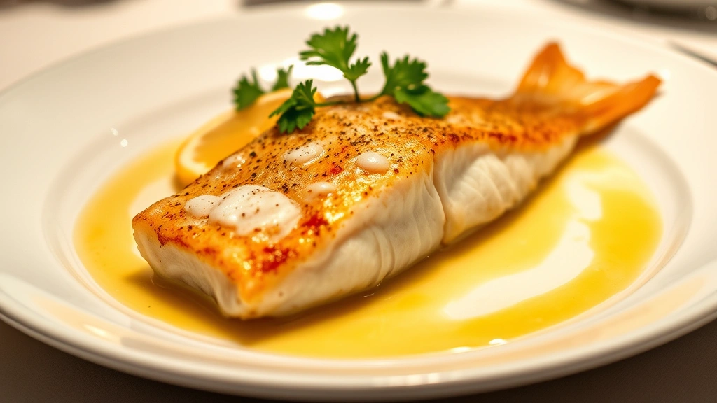 Delicate Dover sole meunière in clarified butter, golden-brown exterior, fresh lemon slice and browned butter foam, served on elegant white plate with subtle sauce swirl, fresh parsley garnish, professional restaurant plating, soft overhead lighting highlighting the fish's delicate texture
