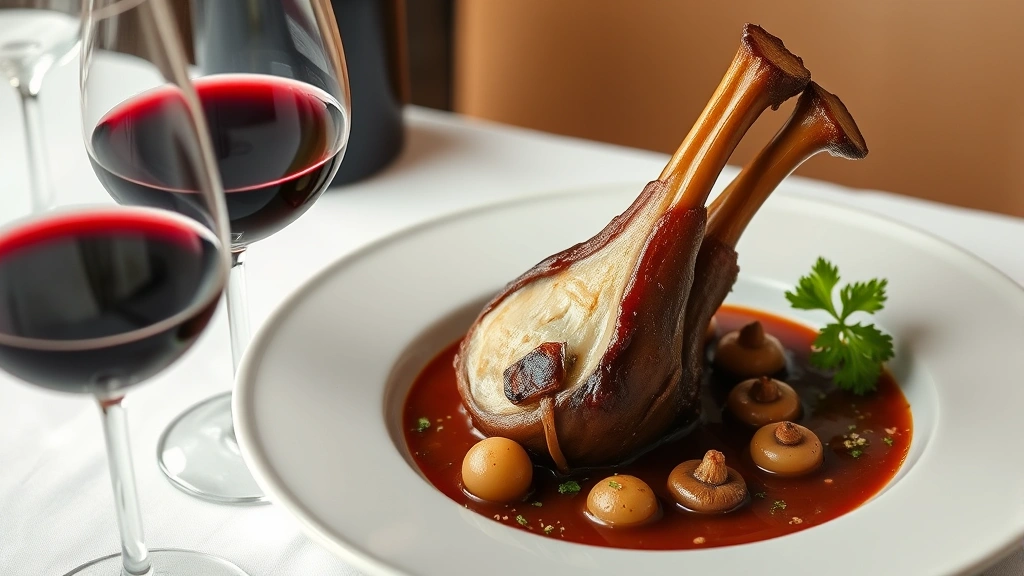 Fine wine glass with deep ruby Burgundy wine next to perfectly plated osso buco, braised veal shank with glossy wine-rich sauce, creamy marrow visible in bone center, pearl onions and mushrooms surrounding, gremolata garnish with bright green parsley, elegant table setting with white tablecloth