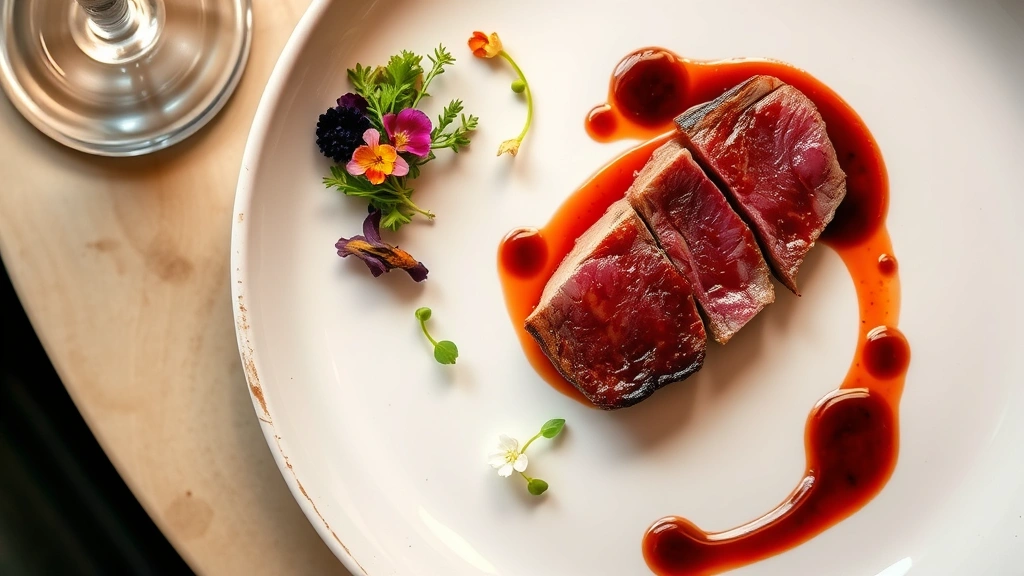 Overhead shot of an elegantly plated fine dining course with seared duck breast, cherry gastrique reduction, microgreens, and edible flowers on a white ceramic plate, sophisticated restaurant setting with soft lighting