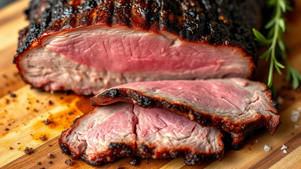Close-up of perfectly smoked brisket with visible pink smoke ring, crispy bark exterior, juicy tender meat interior, sliced on wooden cutting board with fresh herbs and salt crystals visible
