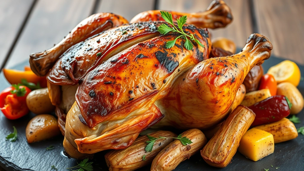 Artfully composed wood-fired roasted chicken with charred skin, surrounded by roasted vegetables including golden root vegetables and blistered peppers, rustic presentation on slate plate with fresh herbs