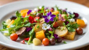 Artfully plated farm-fresh vegetables with edible flowers and microgreens on white ceramic plate, warm natural lighting, close-up detail shot