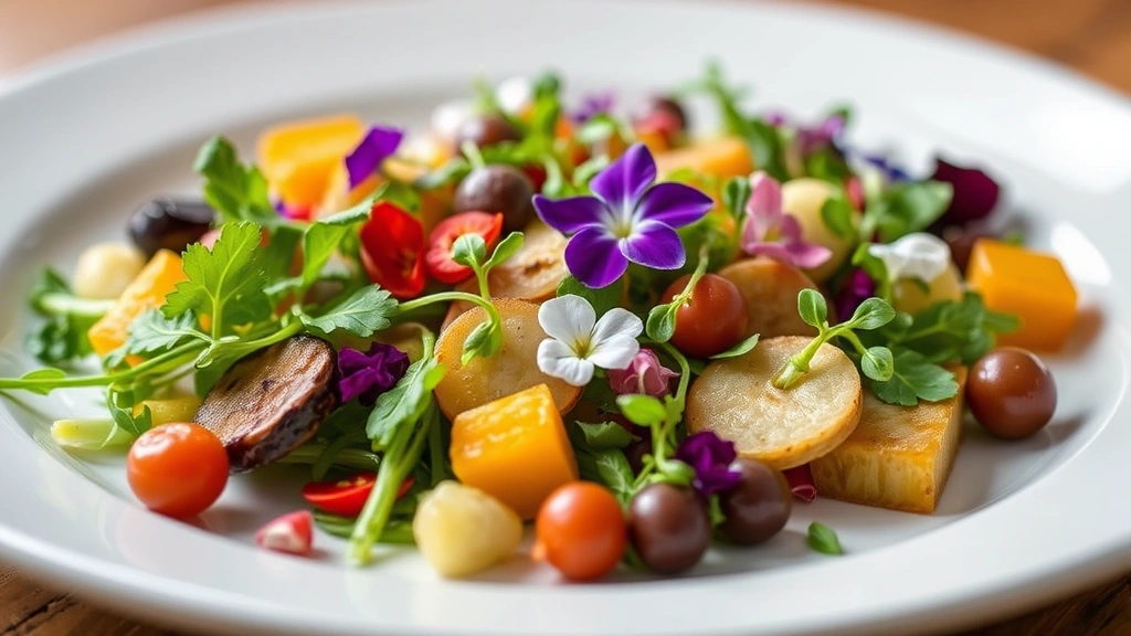 Artfully plated farm-fresh vegetables with edible flowers and microgreens on white ceramic plate, warm natural lighting, close-up detail shot