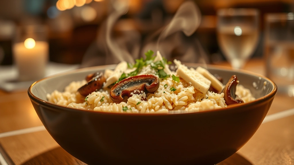Steaming bowl of creamy risotto with wild mushrooms, fresh herbs, and grated cheese, shallow depth of field, warm restaurant ambiance lighting
