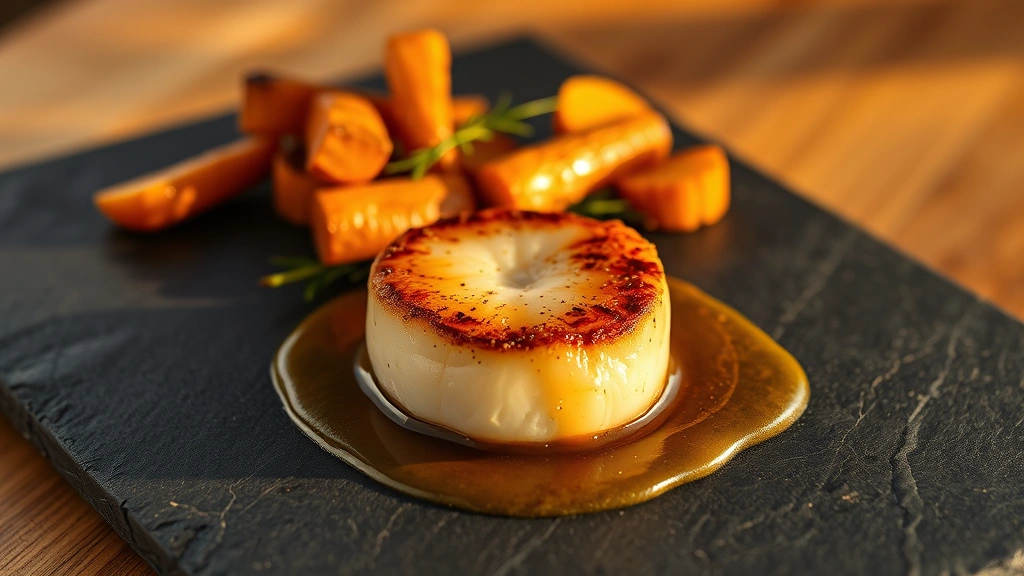 Perfectly seared scallop with brown butter sauce and roasted root vegetables on slate plate, professional food photography, golden hour lighting