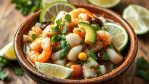 Fresh ceviche mixto with shrimp, octopus, and white fish in vibrant lime marinade, garnished with cilantro, jalapeño, and avocado, served in rustic ceramic bowl with lime wedges