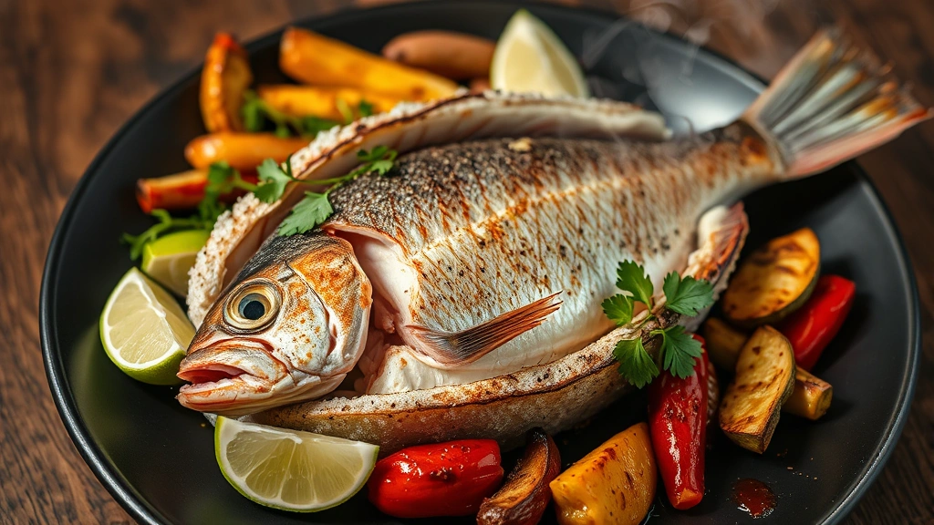 Whole red snapper baked in salt crust, broken open tableside with steam rising, flesh glistening, surrounded by fresh lime wedges, cilantro sprigs, and roasted vegetables on dark plate