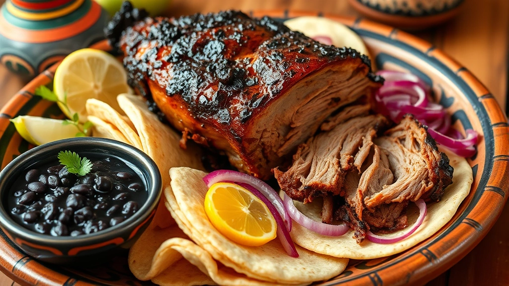 Cochinita pibil slow-roasted pork with charred exterior, shredded tender interior, served with pickled red onions, warm corn tortillas, black beans, and citrus sauce on traditional Mexican pottery