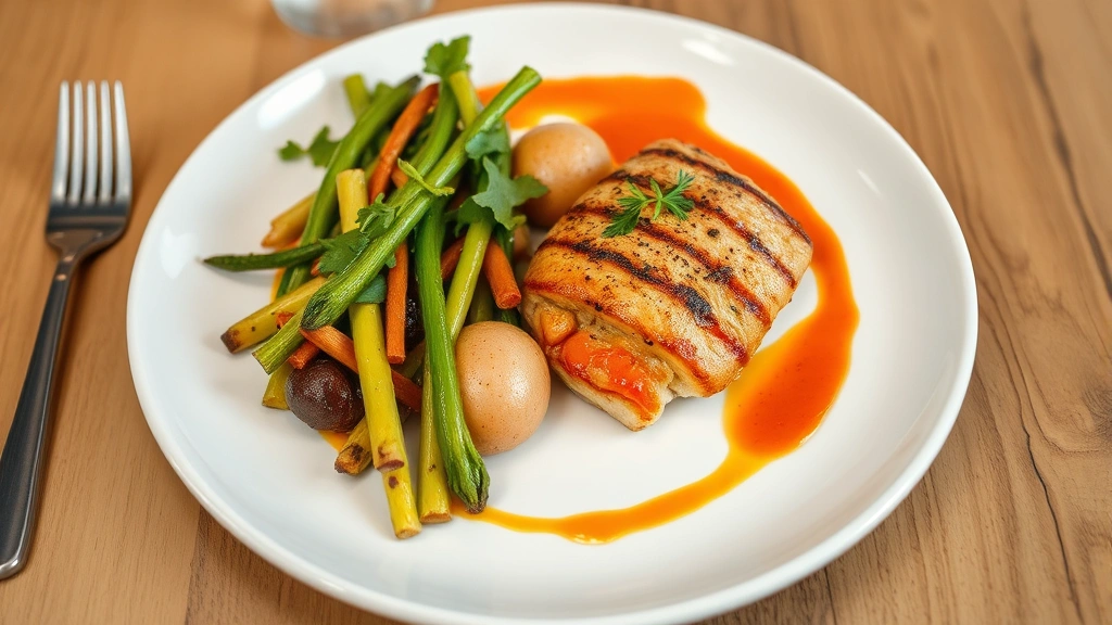 Artfully plated contemporary American dish featuring seasonal vegetables, premium protein, and elegant sauce presentation on white ceramic plate with fine dining presentation