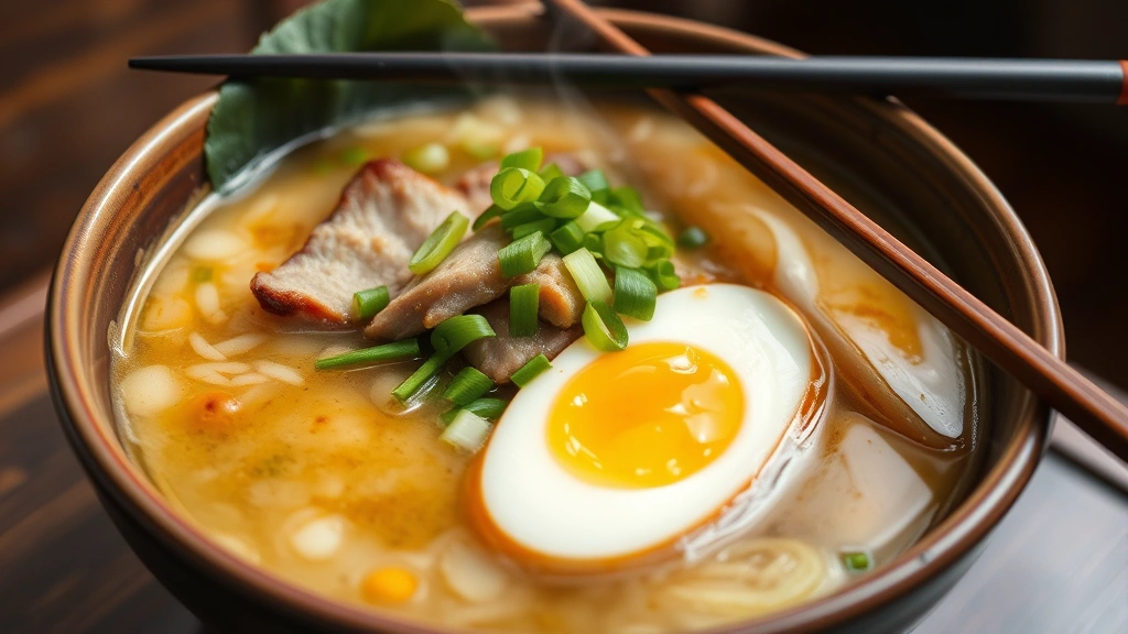 Steaming bowl of authentic ramen with perfectly soft-boiled egg, tender chashu pork, fresh green onions, and rich tonkotsu broth in ceramic bowl, chopsticks resting on rim