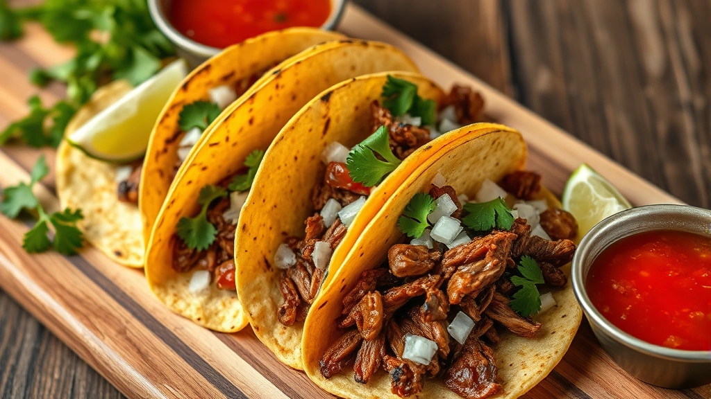 Colorful Mexican street tacos with charred corn tortillas, tender carnitas, fresh cilantro, diced white onion, lime wedges on wooden serving board with salsa bowls