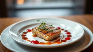 Plated gourmet dish with herb garnish, perfectly seared protein, vibrant sauce dots, fine dining presentation, shallow depth of field, warm professional lighting, white ceramic plate, culinary artistry