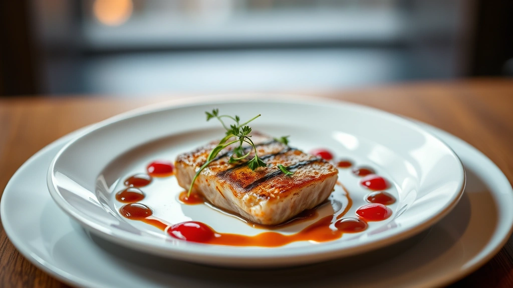 Plated gourmet dish with herb garnish, perfectly seared protein, vibrant sauce dots, fine dining presentation, shallow depth of field, warm professional lighting, white ceramic plate, culinary artistry
