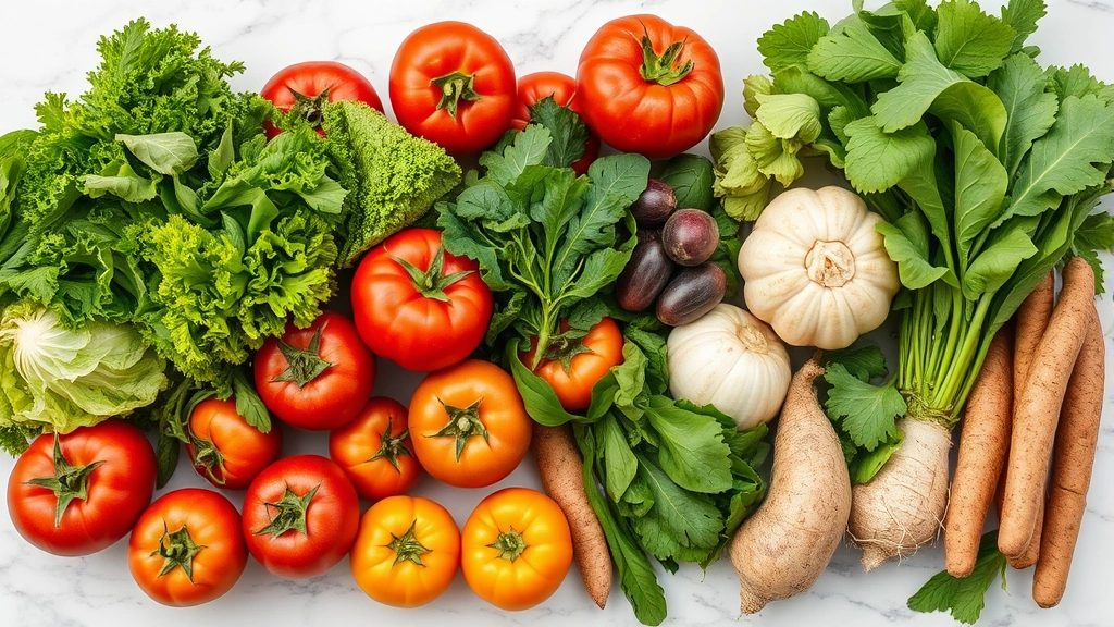 Farm fresh seasonal vegetables arranged on marble surface, heirloom tomatoes, leafy greens, root vegetables, natural lighting, vibrant colors, organic produce quality, culinary ingredient showcase