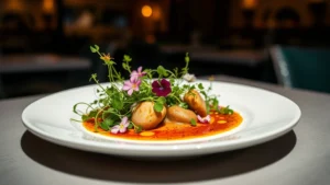 Artfully plated fine dining dish with microgreens, edible flowers, and precision sauce work on white ceramic plate, sophisticated restaurant lighting, shallow depth of field, professional food photography