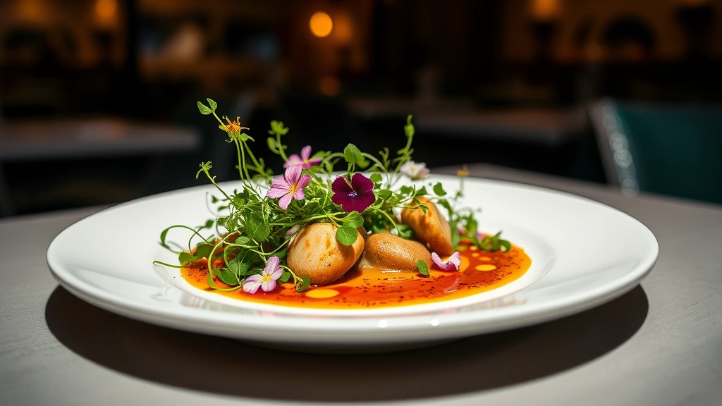 Artfully plated fine dining dish with microgreens, edible flowers, and precision sauce work on white ceramic plate, sophisticated restaurant lighting, shallow depth of field, professional food photography