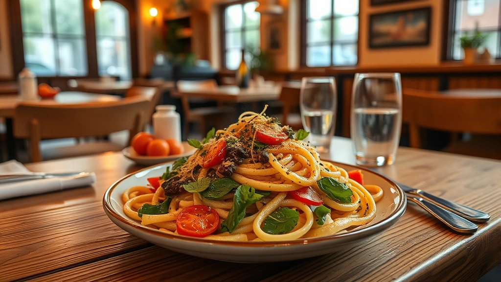 Rustic casual restaurant table setting with wood elements, fresh pasta dish with seasonal vegetables, warm ambient lighting, cozy neighborhood atmosphere, comfort food aesthetic, natural window light