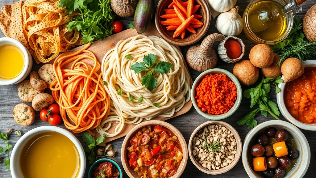 Diverse international cuisine spread featuring Asian noodles, Mediterranean ingredients, colorful spices in bowls, fresh herbs, olive oil, vibrant natural lighting, culinary ingredients composition