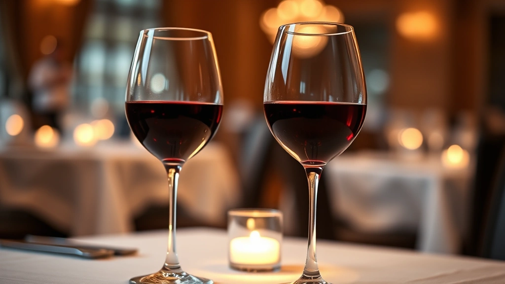 Two elegant wine glasses filled with red wine on a white tablecloth, soft candlelight reflection, fine dining restaurant setting, intimate table setup with blurred romantic background