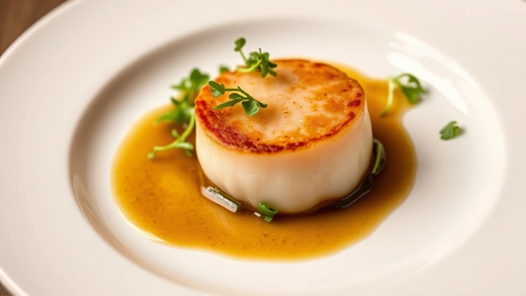 Perfectly plated fine dining dish with seared scallop, brown butter sauce, crispy sage, and microgreens on white ceramic plate, professional restaurant kitchen lighting, close-up food photography