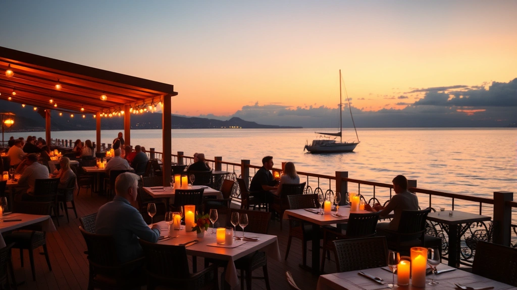 Waterfront restaurant outdoor seating at sunset, candlelit tables, ocean or lake view, romantic couples dining, warm golden hour lighting reflecting on water, coastal ambiance