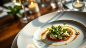 Overhead view of an elegantly plated fine dining dish with micro greens, delicate sauce swirls, and gold leaf garnish on white porcelain, soft candlelight casting warm shadows, wine glasses blurred in background, restaurant table setting visible