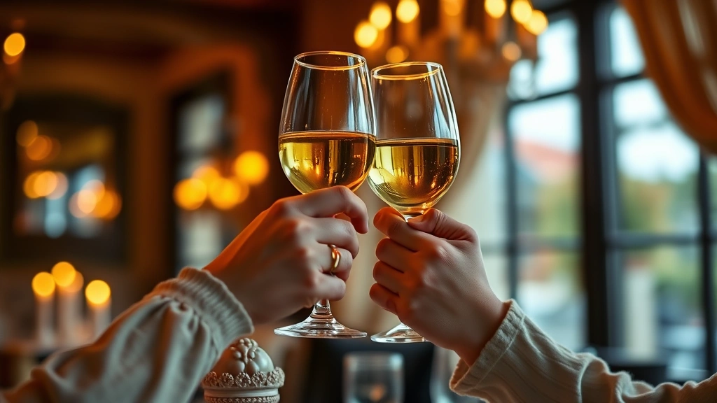 Close-up of a couple's hands toasting with wine glasses, soft focus background showing candlelit restaurant interior, romantic ambiance with warm golden lighting, wine reflecting light, intimate dinner setting