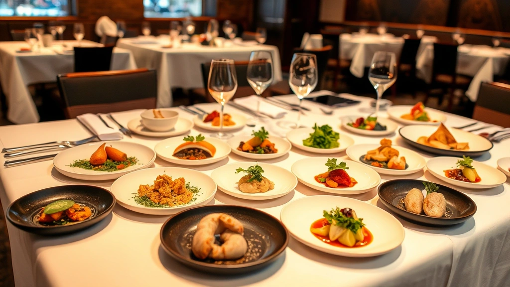Artfully arranged multi-course tasting menu progression displayed on white tablecloth, various plates showing different cuisines and colors, each course representing different flavors and techniques, professional fine dining presentation, warm restaurant lighting