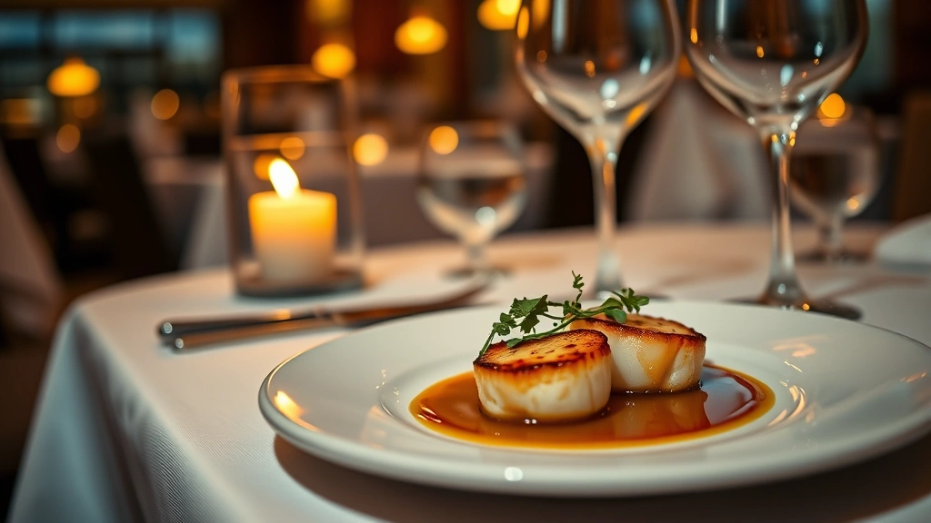 Candlelit fine dining table setting with white tablecloth, elegant plating of seared scallops with microgreens and brown butter sauce, soft warm lighting reflecting off wine glasses, intimate restaurant ambiance, shallow depth of field, professional food photography