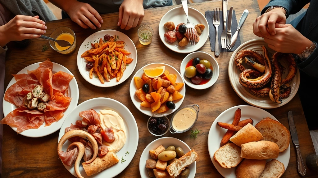 Overhead shot of shared Spanish tapas spread: jamón ibérico, patatas bravas with aioli, grilled octopus with lemon, crusty bread, olives, small plates on rustic wooden table, fresh herbs garnish, Mediterranean restaurant setting, warm golden lighting, intimate couple dining scene visible in soft focus background