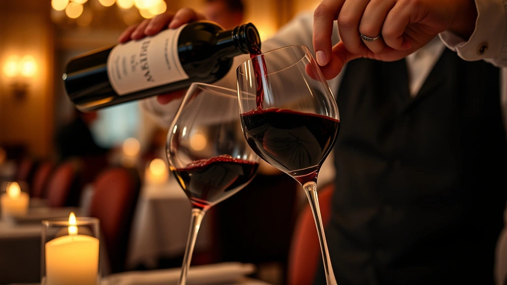 Sommelier pouring red wine into elegant glass at candlelit table, wine bottle labeled but text unreadable, soft bokeh background of restaurant interior with warm amber lighting, close-up of wine cascade, intimate fine dining moment, professional culinary photography, rich warm color tones