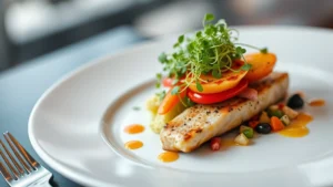 Artfully plated gourmet dish with microgreens, colorful vegetables, and protein garnish on white ceramic plate, professional restaurant lighting, shallow depth of field, fork beside plate