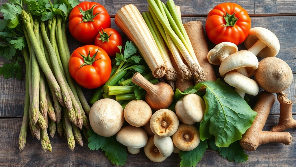 Farm-fresh Wisconsin vegetables including heirloom tomatoes, asparagus, morel mushrooms, and root vegetables arranged on rustic wooden surface with natural daylight, no text or labels visible