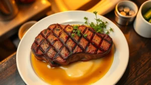 Overhead shot of classic comfort food plating on white ceramic dish—perfectly seared steak with caramelized crust, buttery sauce pooling beneath, fresh herbs garnish, warm golden lighting, restaurant kitchen background blurred, photorealistic