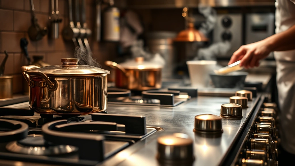 Close-up of vintage restaurant kitchen equipment—gleaming stainless steel stovetop with multiple burners, copper pots simmering, steam rising, professional chef hands preparing ingredients, warm ambient lighting, culinary heritage aesthetic, photorealistic