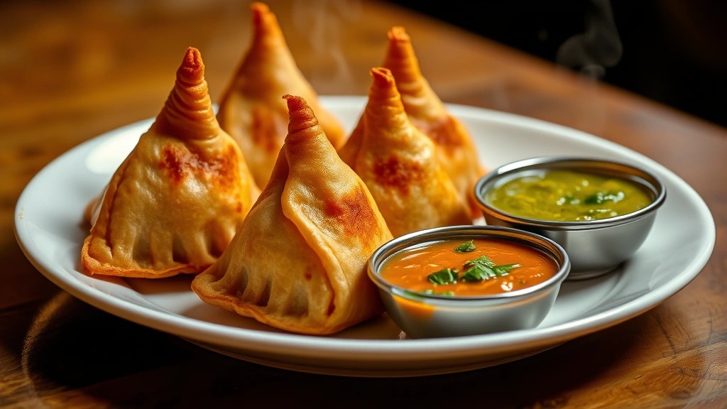 Golden-crispy samosas with perfectly flaked pastry, served on white ceramic plate with vibrant green mint chutney and golden tamarind chutney in small bowls, warm ambient lighting highlighting steam rising from freshly fried pastries