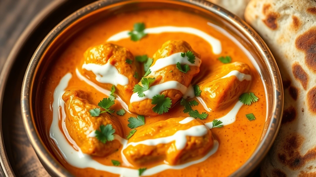 Creamy butter chicken in rich coral sauce with tender chicken pieces, garnished with fresh cilantro and cream drizzle, served in traditional copper bowl with warm naan bread on side, shallow depth of field emphasizing sauce richness