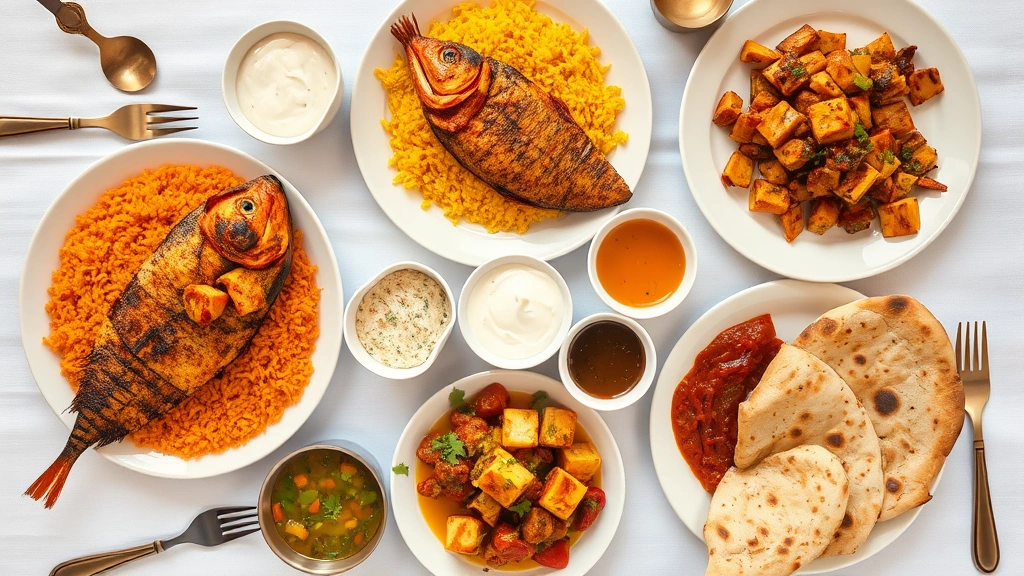 Overhead flat-lay of complete Delhi Garden table setting including saffron-hued rice, golden tandoori fish with char marks, colorful paneer tikka, warm naan, yogurt raita, and multiple chutneys arranged artfully on white tablecloth with brass serving pieces visible