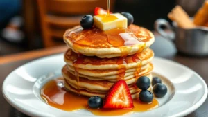Stack of golden-brown fluffy pancakes on white ceramic plate with melting butter pat and amber maple syrup dripping down sides, garnished with fresh strawberries and blueberries, professional diner photography, warm natural lighting, shallow depth of field