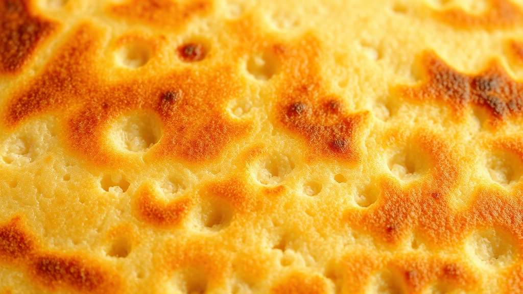Close-up macro shot of pancake texture showing individual air pockets and golden-brown surface, crispy edges contrasting with fluffy interior, professional food photography, studio lighting highlighting texture details